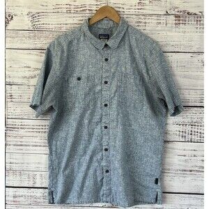 Patagonia Mens Back Step Shirt L Short Sleeve Button Up Blue Organic Cotton Hemp